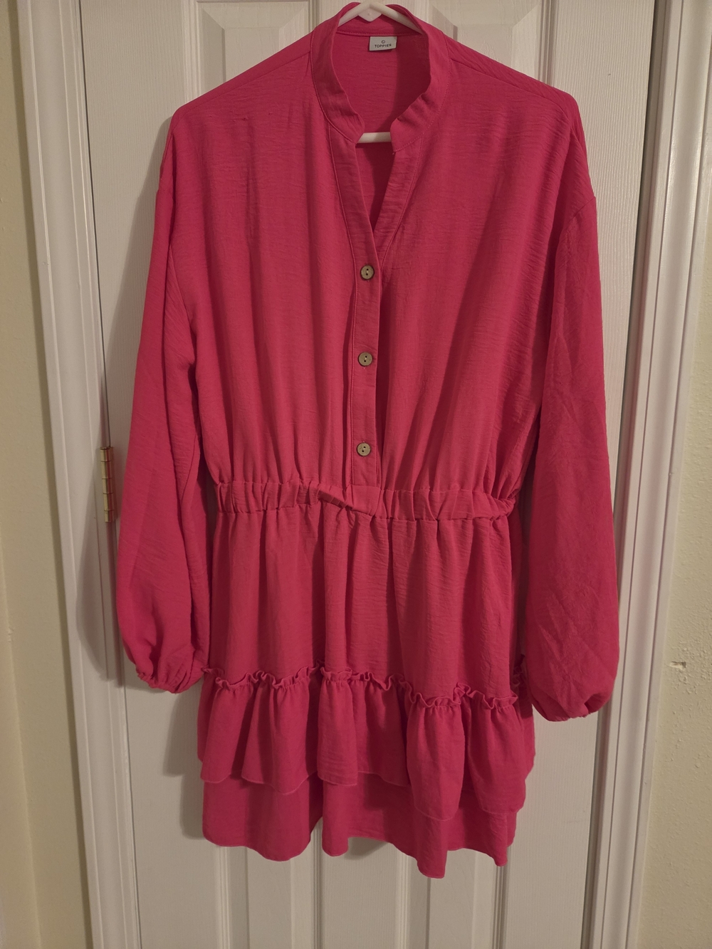 Ladies Hot Pink Long-Sleeve Tiered Dress